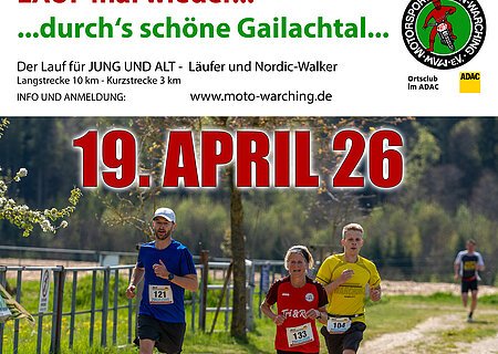 Läufer auf einem Waldweg, Ankündigung Laufveranstaltung am 19. April 2026 in Warching - Jedermannslauf 2026