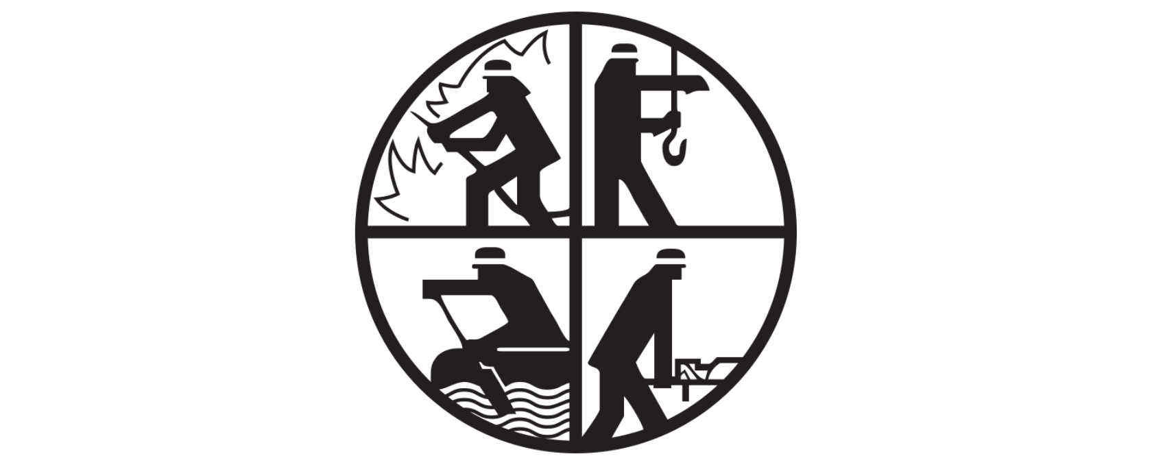Ein ovales RLBS-Logo der Feuerwehr mit vier Piktogrammen: Feuerwehrmann bei der Feuerbekämpfung, technische Hilfeleistung, Wasserrettung und allgemeine Rettung.