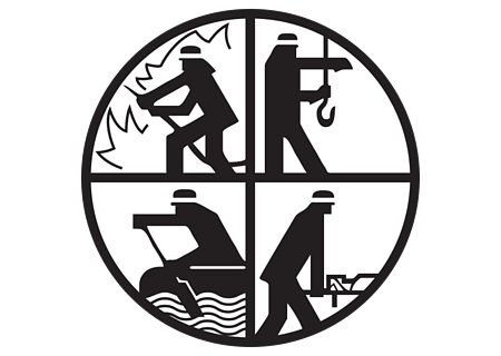 Feuerwehr RLBS-Logo Ein ovales RLBS-Logo der Feuerwehr mit vier Piktogrammen: Feuerwehrmann bei der Feuerbekämpfung, technische Hilfeleistung, Wasserrettung und allgemeine Rettung.