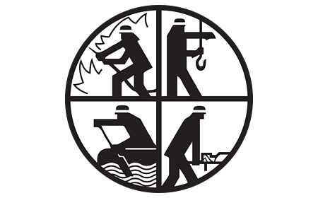 Ein ovales RLBS-Logo der Feuerwehr mit vier Piktogrammen: Feuerwehrmann bei der Feuerbekämpfung, technische Hilfeleistung, Wasserrettung und allgemeine Rettung.