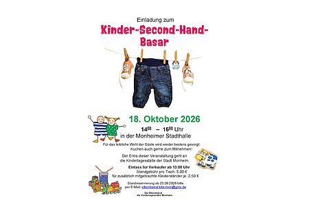Einladung zum Kinder-Second-Hand-Basar am 18. Oktober 2026 von 14 bis 16 Uhr in der Monheimer Stadthalle. In der unteren Hälfe Text mit allen Informationen zur Veranstaltung außenrum mit Kindermotiven gestaltet. Darüber in der Mitte das Bild einer Wäscheleine mit einer Kinderhose und einem Paar Kinderschuhen. Alles auf weißem Hintergrund.
