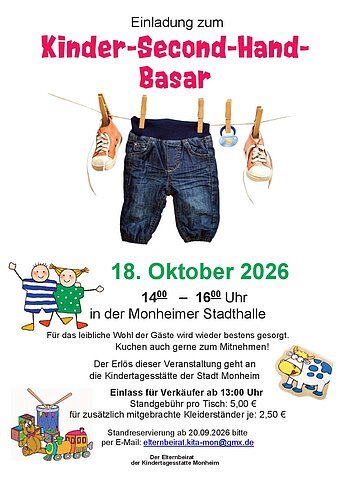 Einladung zum Kinder-Second-Hand-Basar am 18. Oktober 2026 von 14 bis 16 Uhr in der Monheimer Stadthalle. In der unteren Hälfe Text mit allen Informationen zur Veranstaltung außenrum mit Kindermotiven gestaltet. Darüber in der Mitte das Bild einer Wäscheleine mit einer Kinderhose und einem Paar Kinderschuhen. Alles auf weißem Hintergrund.