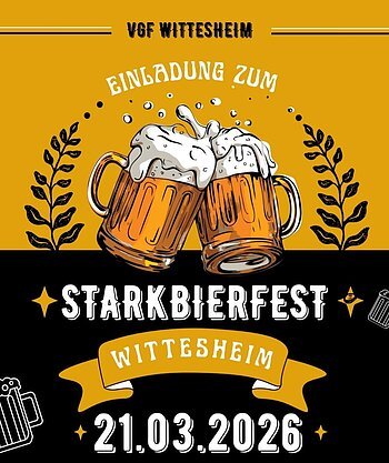 Einladung zum Starkbierfest Wittesheim am 21.03.2026 mit zwei anstoßenden Bierkrügen und Dekoration.