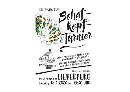 Einladung zum Schafkopf-Turnier mit Spielkartenfächer, Veranstaltungsort Vereinsheim Liederberg, Datum 18.4.2026, Uhrzeit 19:30 Uhr.