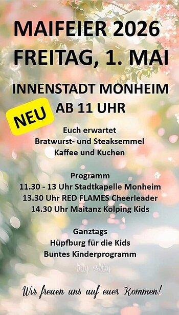 Plakat / Einladung zur Maifeier 2026 am 1. Mai ab 11 Uhr in der Monheimer Innenstadt mit Essen, Musik, Kinderprogramm und Hüpfburg