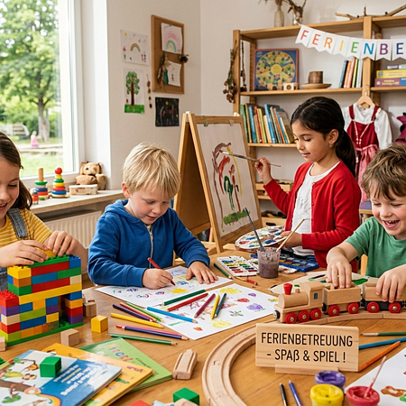 Kinder spielen und malen an einem Tisch in einem Raum mit Fenster und Regalen, Schild Ferienbetreuung Spaß und Spiel