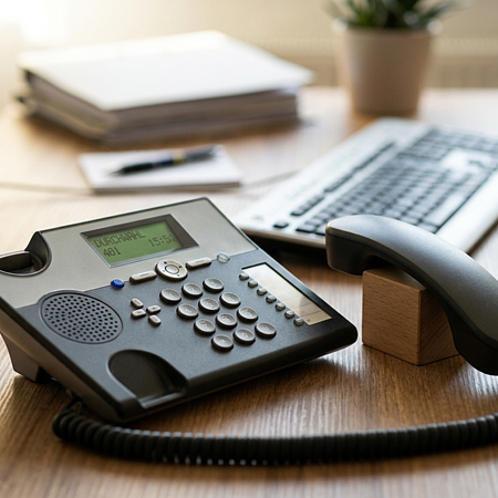 Schwarzes Bürotelefon mit abgehobenem Hörer auf Holztisch, im Hintergrund Tastatur und Ordner.