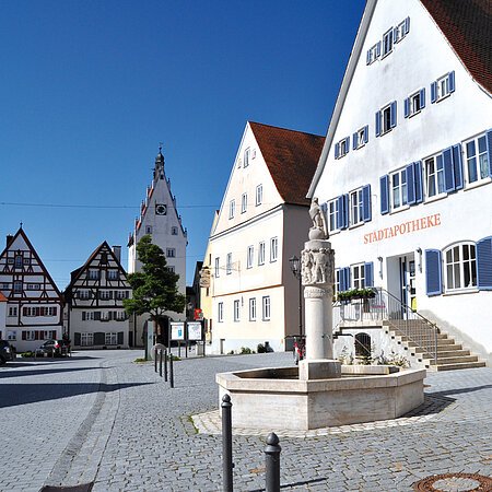 Historischer gepflasterter Marktplatz mit Fachwerkhäusern auf einem Gebäude steht die Aufschrift "Stadtapotheke". Ein Brunnen mit einer Steinskulptur steht davor. Links verläuft eine Straße.