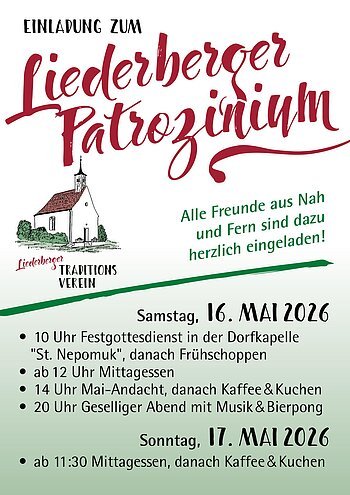 Einladung zum Liederberger Patrozinium mit Terminen und Programm am 16. und 17. Mai 2026, Zeichnung einer Kapelle.