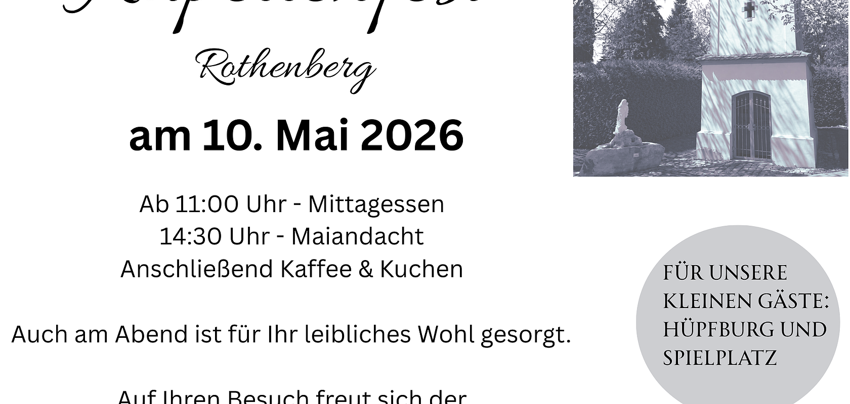 Flyer zum Kapellenfest Rothenberg am 10. Mai 2026 mit Programmzeiten und Bild der Kapelle.