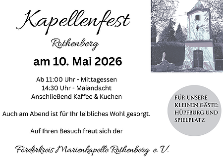 Flyer zum Kapellenfest Rothenberg am 10. Mai 2026 mit Programmzeiten und Bild der Kapelle.