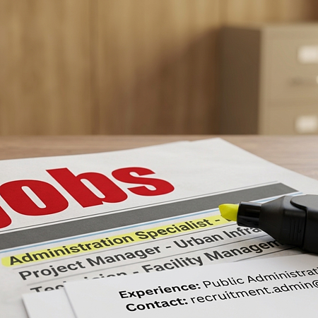 Zeitschrift auf einem Holztisch liegend mit Stellenanzeigen, auf dem Titelblatt oben groß in roter Schrift der Text „jobs“ und darunter markierter Begriff „Administration Specialist“ mit gelbem Marker. Gelber Marker liegt auf der Zeitschrift drauf.