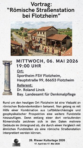 Plakat für Vortrag „Römische Straßenstation bei Flotzheim“ am 6. Mai 2026 um 19 Uhr im Sportheim FSV Flotzheim.