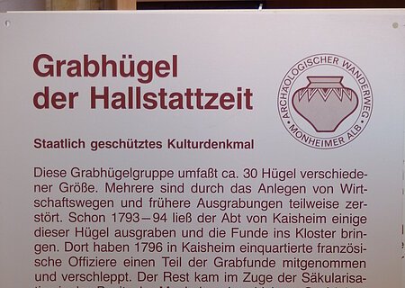 Hinweistafel zu Grabhügeln der Hallstattzeit mit Text zur Geschichte und Bedeutung, staatlich geschütztes Kulturdenkmal.
