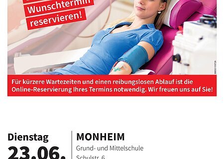 Plakat mit dem Termin zur Blutspende in Monheim am 23.06.2026 von 16 bis 20:30 Uhr, in der Grund- und Mittelschule Monheim, Frau liegt auf Liege und spendet Blut, Text zu Terminreservierung und Blutspendetermin in Monheim.