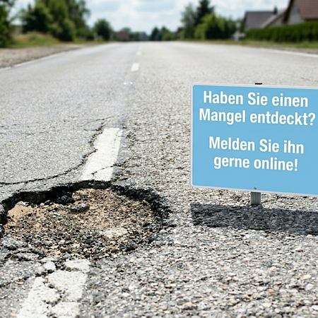 Nahaufnahme einer Asphaltstraße mit Schlagloch und blauem Schild daneben mit der Aufschrift „Haben Sie einen Mangel entdeckt? Melden Sie ihn gerne online!“ in weißer Schrift auf hellblauem Hintergrund.