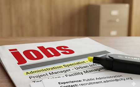 Zeitschrift auf einem Holztisch liegend mit Stellenanzeigen, auf dem Titelblatt oben groß in roter Schrift der Text „jobs“ und darunter markierter Begriff „Administration Specialist“ mit gelbem Marker. Gelber Marker liegt auf der Zeitschrift drauf.