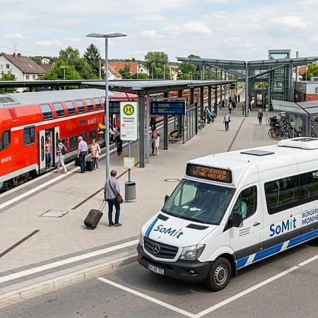 Bild vom Bahnhof Otting-Weilheim mit rotem Regionalzug mit überdachten Sitzgelegenheiten und weiß-blauem Bürgerbus auf dem Vorplatz bei Tageslicht, erstellt du KI.