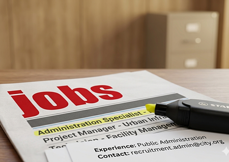 Zeitschrift auf einem Holztisch liegend mit Stellenanzeigen, auf dem Titelblatt oben groß in roter Schrift der Text „jobs“ und darunter markierter Begriff „Administration Specialist“ mit gelbem Marker. Gelber Marker liegt auf der Zeitschrift drauf.