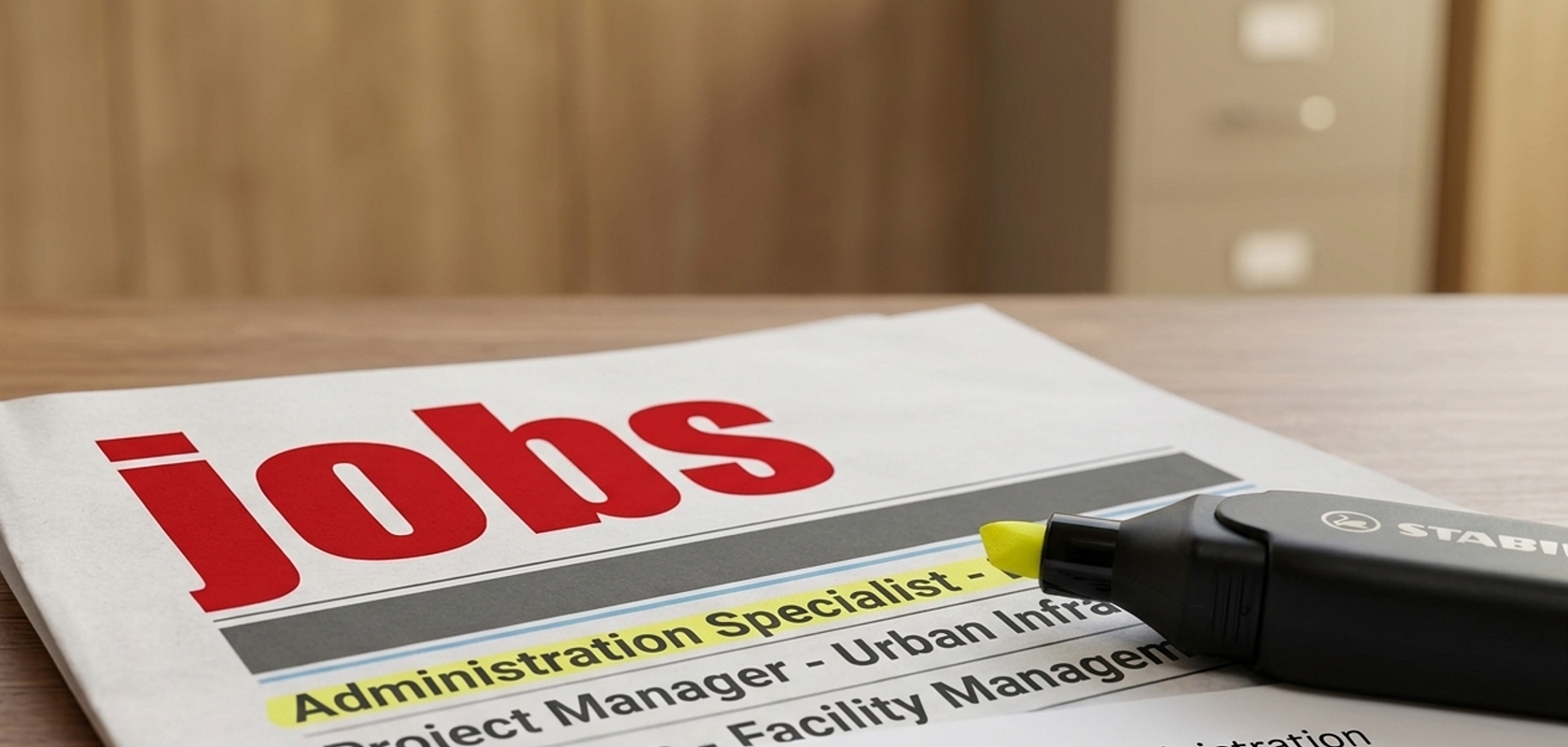 Zeitschrift auf einem Holztisch liegend mit Stellenanzeigen, auf dem Titelblatt oben groß in roter Schrift der Text „jobs“ und darunter markierter Begriff „Administration Specialist“ mit gelbem Marker. Gelber Marker liegt auf der Zeitschrift drauf.