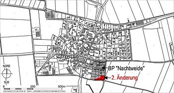 Schwarz-weiße Ortskarte mit markiertem Bereich „BP Nachtweide“ und roter Hervorhebung „2. Änderung“ im Südosten.