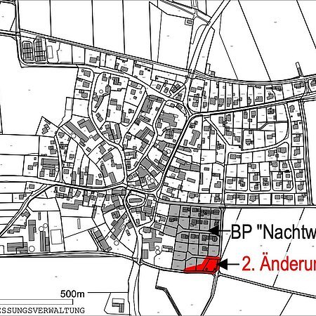 Schwarz-weiße Ortskarte mit markiertem Bereich „BP Nachtweide“ und roter Hervorhebung „2. Änderung“ im Südosten.