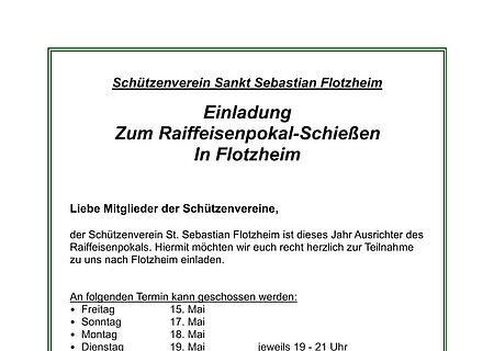 Einladung zum Raiffeisenpokal-Schießen in Flotzheim mit Terminen im Mai und Kontaktinformationen. Plakat mit Logo vom Verein und einzelne Schießtage