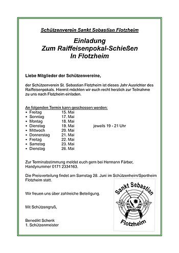 Einladung zum Raiffeisenpokal-Schießen in Flotzheim mit Terminen im Mai und Kontaktinformationen. Plakat mit Logo vom Verein und einzelne Schießtage