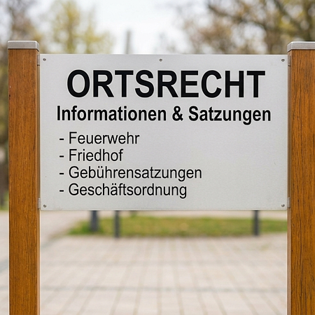 Schild mit der Aufschrift „Ortsrecht Informationen & Satzungen“ und den Punkten Feuerwehr, Friedhof, Gebührensatzungen, Geschäftsordnung.