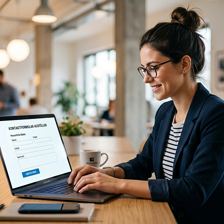 Lächelnde Frau mit Brille füllt in modernem Büro an Laptop ein Kontaktformular mit Name, E-Mail und Nachricht aus. Im Hintergrund unscharf ein Mann hinter einem Regal.