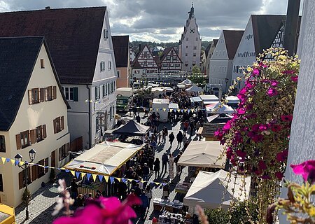 Ansicht von oben auf die Monheimer Innenstadt mit Marktständen links und rechts und Menschen, umgeben von Fachwerkhäusern. Im Vordergrund und an der Hausfassade pinke Blumen.