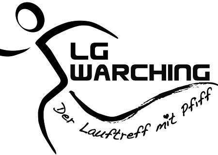 LG Warching Logo Logo mit stilisierter laufender Figur und Schriftzug „LG Warching Der Lauftreff mit Pfiff“ in Schwarz auf Weiß