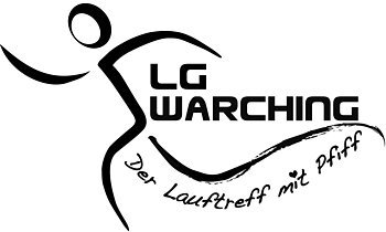 Logo mit stilisierter laufender Figur und Schriftzug „LG Warching Der Lauftreff mit Pfiff“ in Schwarz auf Weiß