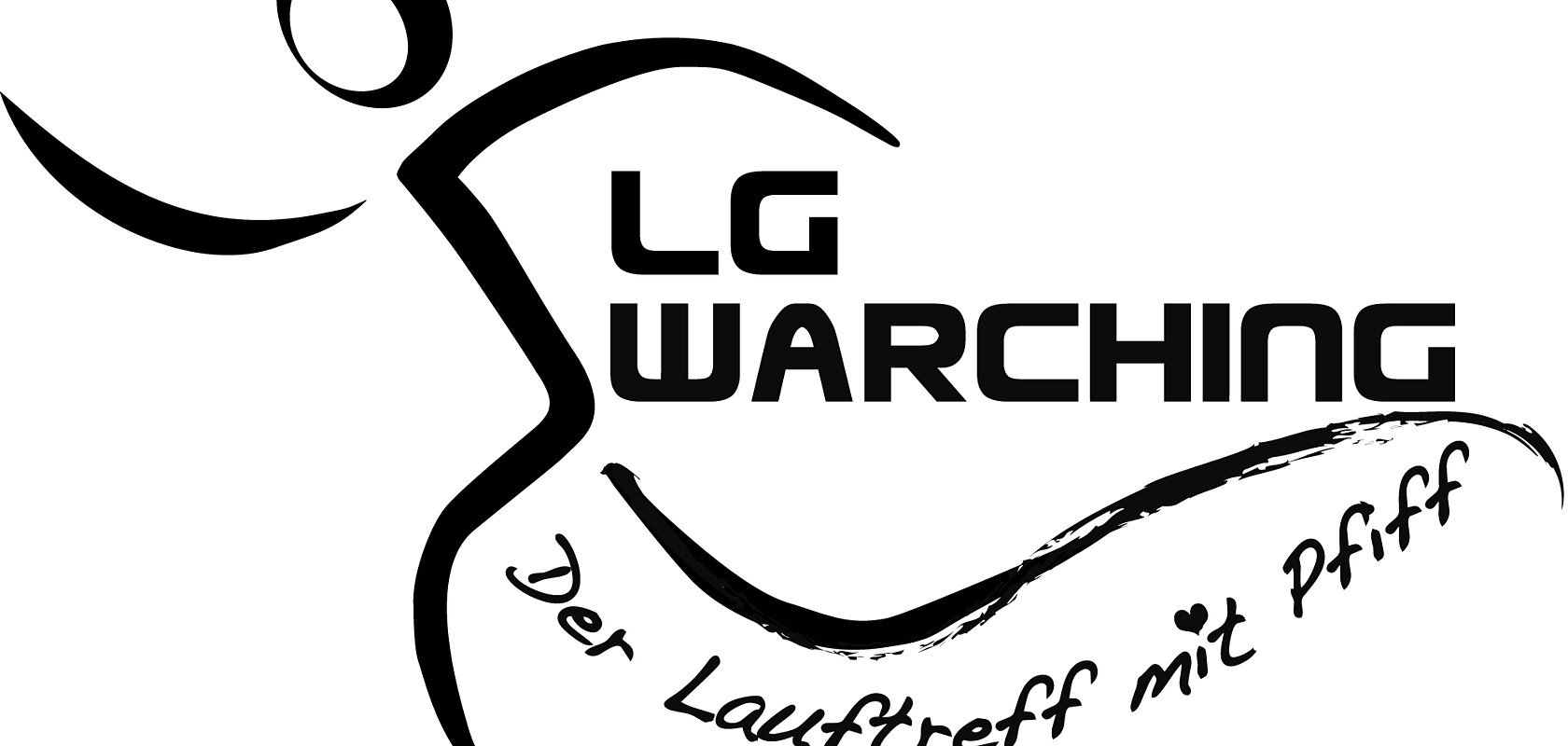 Logo mit stilisierter laufender Figur und Schriftzug „LG Warching Der Lauftreff mit Pfiff“ in Schwarz auf Weiß