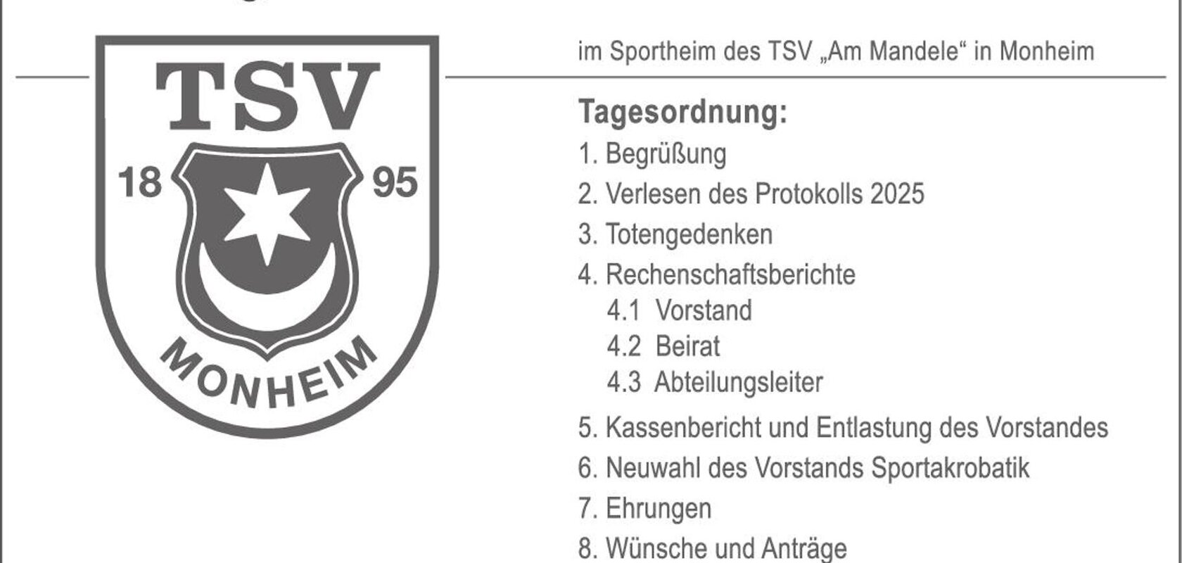 Einladung zur Delegiertenversammlung 2026 am 26. Juni 2026 um 19 Uhr im Sportheim TSV Monheim mit Tagesordnung, Grußwort und Logo vom TSV Monheim