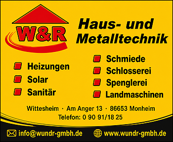 Gelbes Firmenschild roten Großbuchstaben W&R, mit einem roten Hausdach darüber, daneben in schwarz der Schriftzug "Haus- und Metalltechnik". Darunter die Leistungen des Betriebes aufgeführt, sowie Adresse, Telefon, E-Mail-Adresse und Webseite.