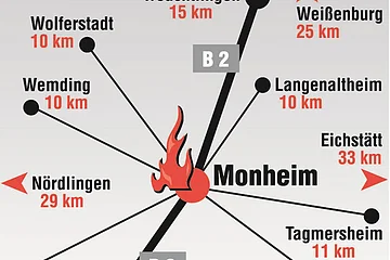 Lageplan vom Kachelofenbau – Martin Meyer in Monheim, darauf Entfernungen von Monheim zu umliegenden Städten mit Entfernungsangaben in Kilometern und der Bundesstraße B2.