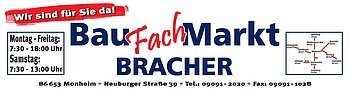 Logo mit Öffnungszeiten vom BauFachMarkt Bracher in Monheim. Montag bis Freitag 07:30-18:00 Uhr, Samstag 07:30-13:00 Uhr, Adresse und Kontaktinformationen.