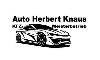 Logo von KFZ-Werkstatt "Auto Knaus " in Monheim, darauf eine schwarz-weiße Grafik eines Sportwagens mit dem Text „Auto Herbert Knaus KFZ-Meisterbetrieb“ darüber.
