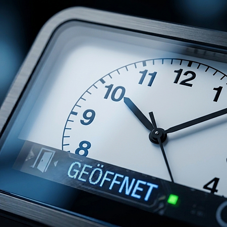 KI generierte Nahaufnahme einer analogen Uhr mit digitaler Anzeige „GEÖFFNET“ und Uhrzeit 10:09:22 Uhr, Hintergrund dunkel und unscharf.