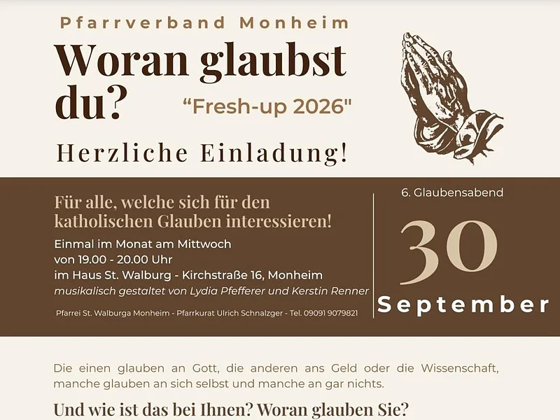 Einladung zum Glaubensabend am 30. September 2026 in Monheim mit Bild einer Kreuzigungsszene und betenden Händen.