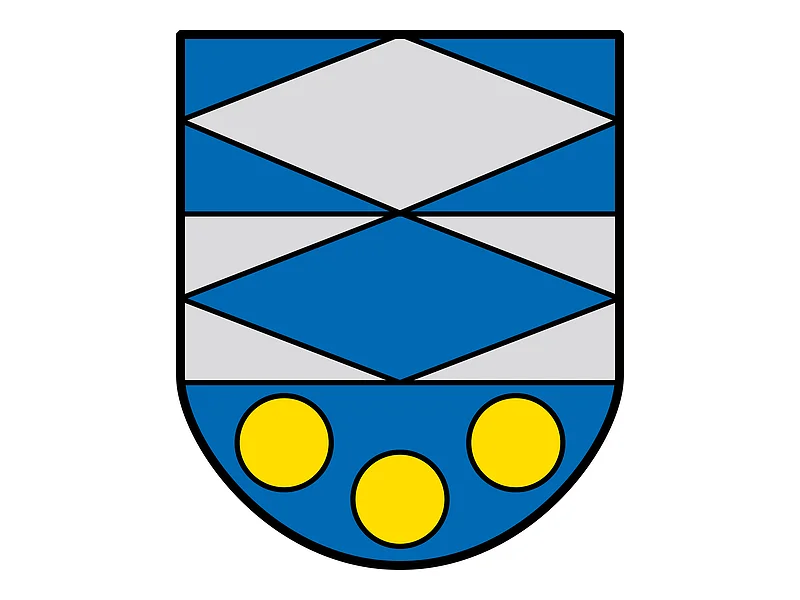 Das Wappen des Monheimer Stadtteils Warching. Auf dem Wappen ist eine graue Raute auf blauem Hintergrund und eine blaue Raute auf grauem Hintergrund, mit einem hellblauem Punkt in der Mitte der Raute zu sehen. Unten auf dem Wappen sind drei gelbe Kreise auf blauem Hintergrund zu sehen.
