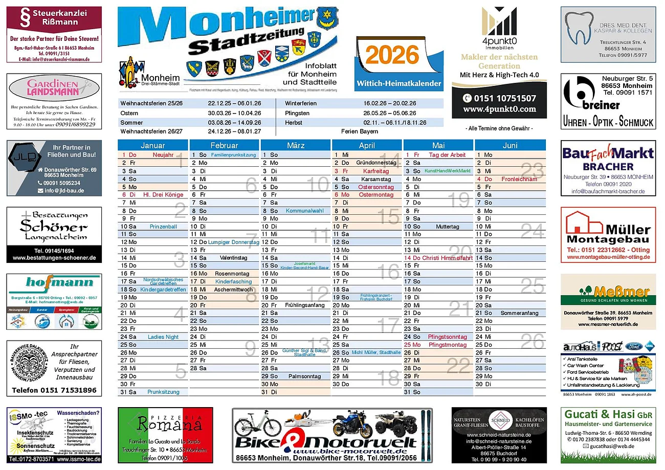 Foto des Heimatkalenders von Monheim aus dem Jahr 2026 mit Monatsübersicht, Feiertagen, örtlichen Veranstaltungen / Terminen, Ferien und Werbeanzeigen lokaler Firmen.