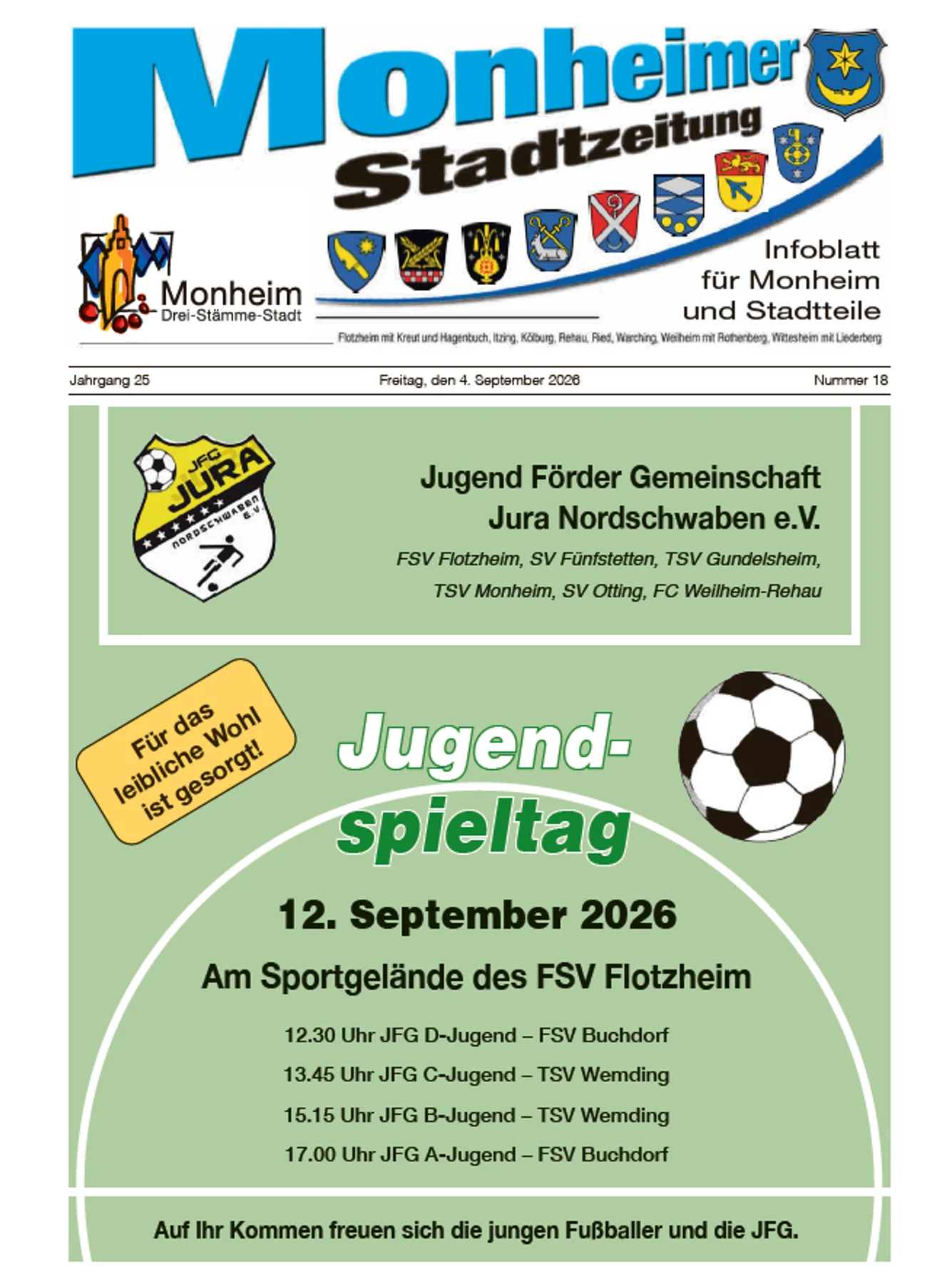 Titelseite der Monheimer Stadtzeitung Ausgabe 18-2026 Titelblatt der Monheimer Stadtzeitung vom 4. September 2026 mit der dazugehörigen Überschrift in blau/schwarz, Wappen der Stadt Monheim und der dazugehörigen Stadtteile und mit dem Logo der Stadt Monheim. Auf der Titelseite die Ankündigung des Jugendspieltag der JFG Jura am 12. September 2026 in Flotzheim mit Programm.