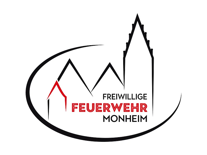 Logo der Freiwilligen Feuerwehr Monheim mit stilisierten Gebäuden und dem Text Freiwillige Feuerwehr Monheim in Schwarz und Rot, auf weißem Hintergrund.