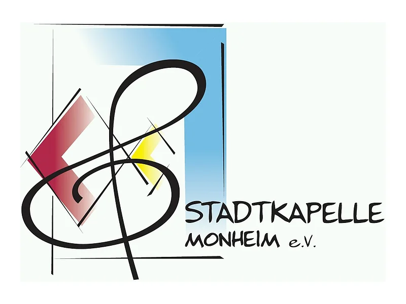 Logo der Stadtkapelle Monheim e.V. mit stilisiertem Notenschlüssel und geometrischen Formen in Rot, Gelb und Blau.