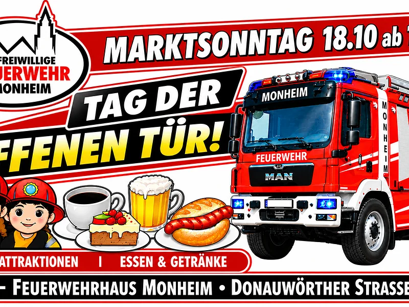 Familiennachmittag / Tag der offenen Tür Feuerwehr Monheim Feuerwehr Monheim lädt am Marktsonntag, den 18.10.2026 ab 13 Uhr ein zum Tag der offenen Tür mit Kinderaktionen, Essen, Getränken und Feuerwehrauto ein. Plakat mit Feuerwehrauto und Logo der Feuerwehr Monheim