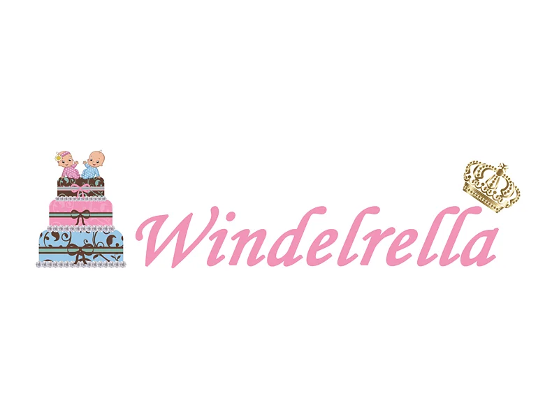 Logo von Windelrella Windeltorten: links zwei Babys, Junge und Mädchen, die oben auf einer bunten verzierten dreistöckigen Torte sitzen, daneben der rosa Schriftzug "Windelrella" mit einer goldenen Krone darüber.