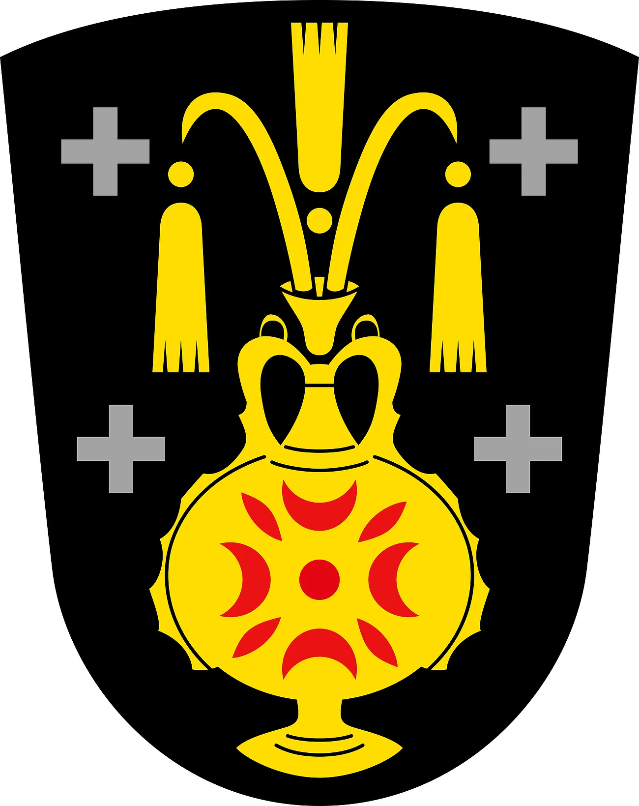 Das Wappen des Monheimer Stadtteils Kölburg: gelber Krug auf schwarzem Hintergrund, auf dem Krug rote Muster. Links und rechts jeweils zwei graue Kreuze.