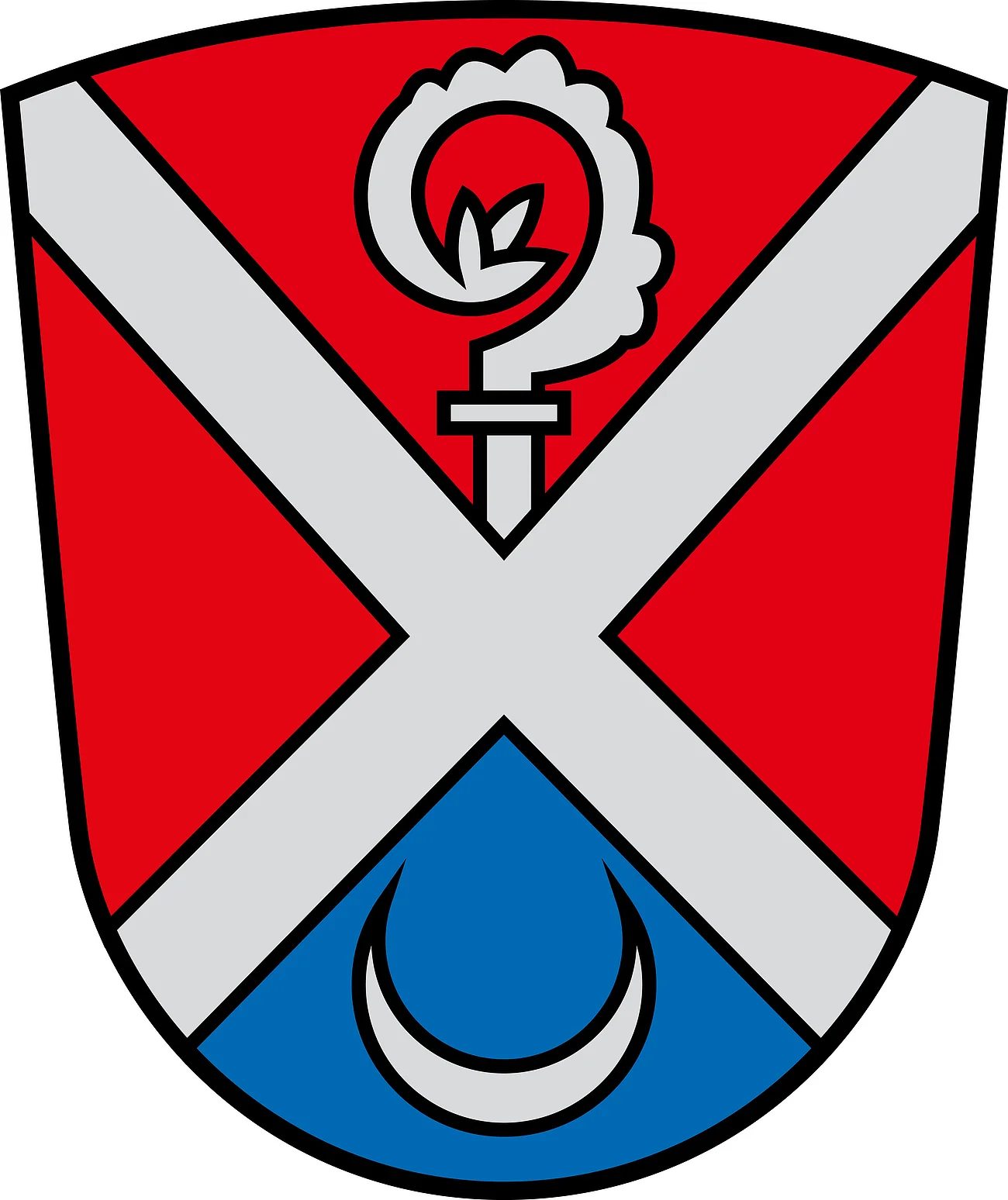 Wappen des Monheimer Stadtteils Ried mit rotem Hintergrund, silbernem Schrägkreuz, Bischofsstab und blauem Feld mit einem silbernen Halbmond unten.